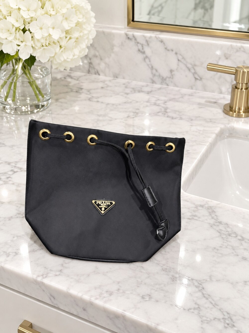 Prada Black Drawstring Makeup Bag | Gold-Tone Details